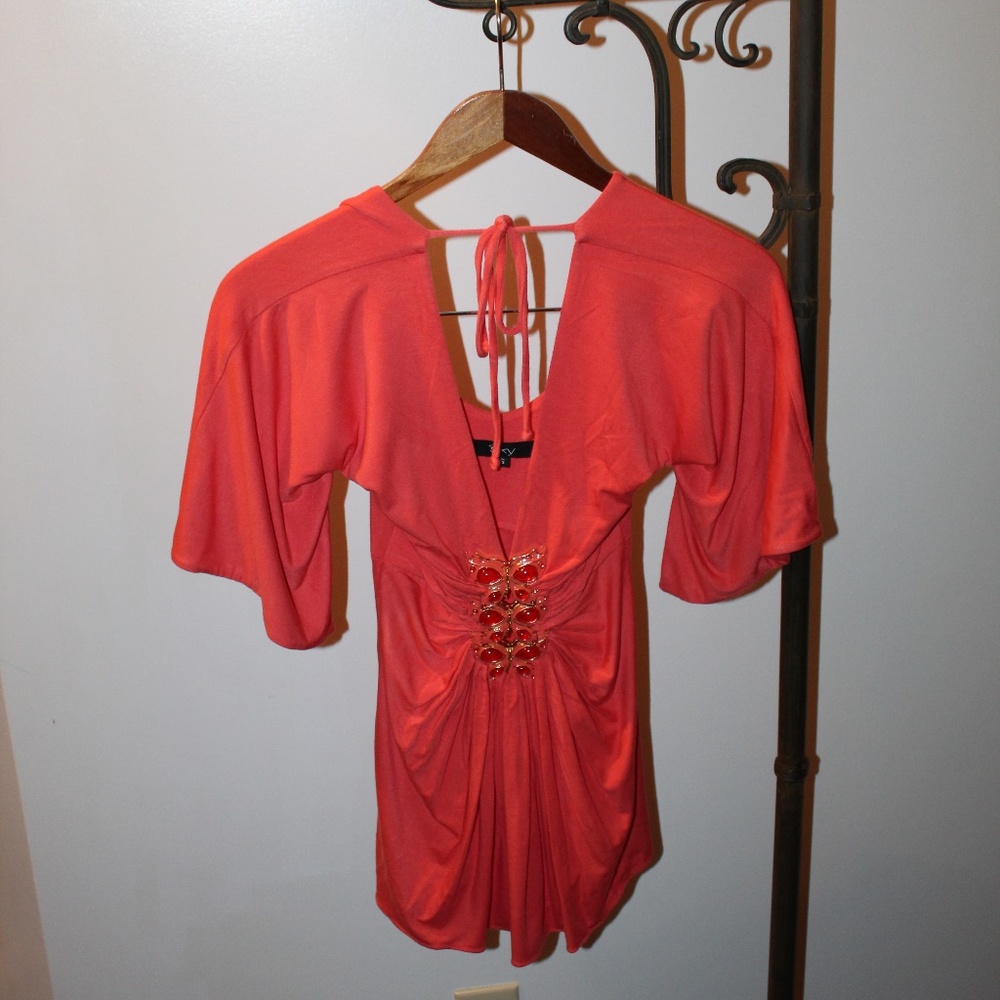 Sky Deep Vneck Blouse with Butterfly Embellishment